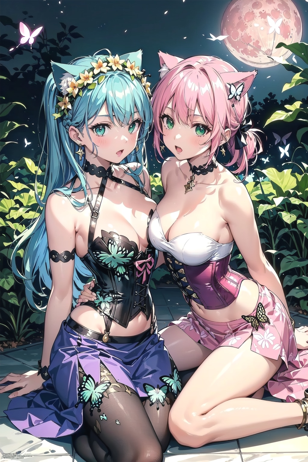 月と蝶と猫耳姉妹🐱🌕🦋🐱✨ | の人気AIイラスト・グラビア