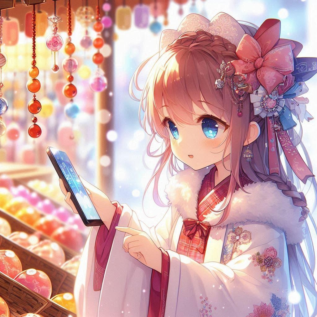 駄菓子屋でスマホ決済する幼児