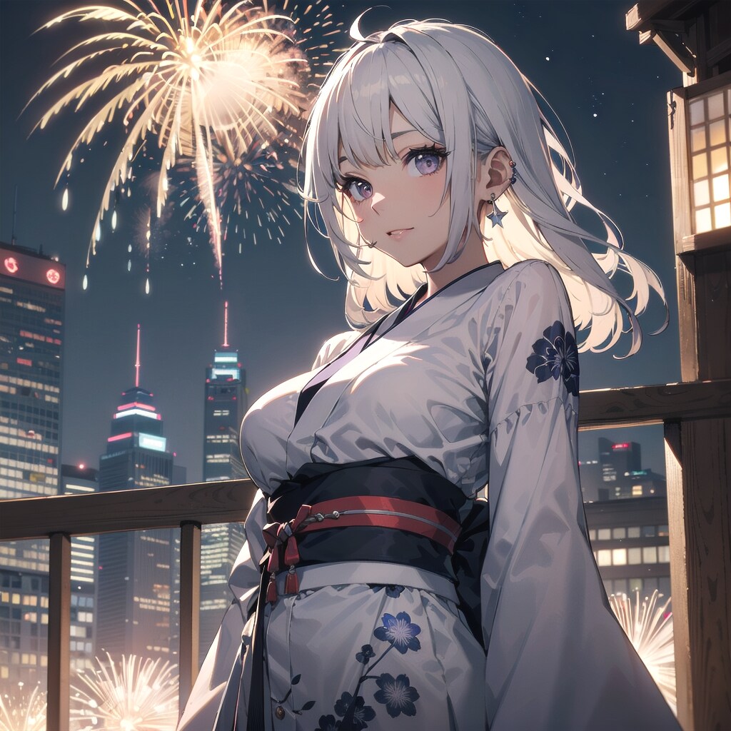 銀髪少女と花火