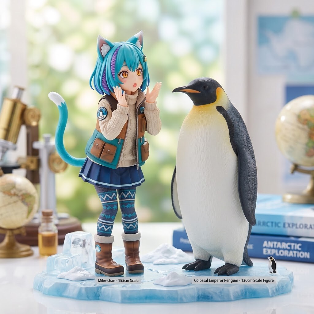 思ってたより大きくて驚くミケちゃん🐧🐱