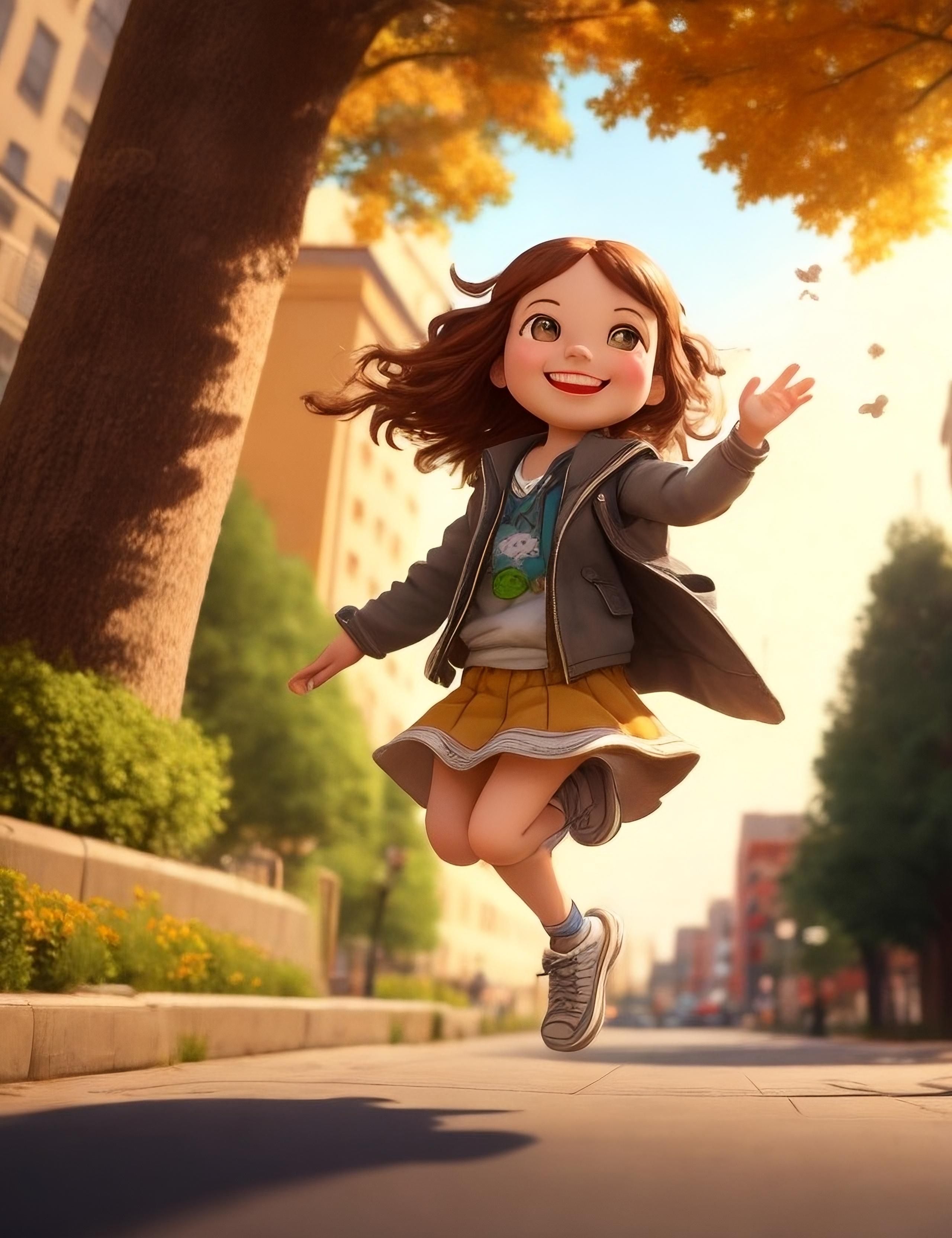 AI girl jump tree-lined street