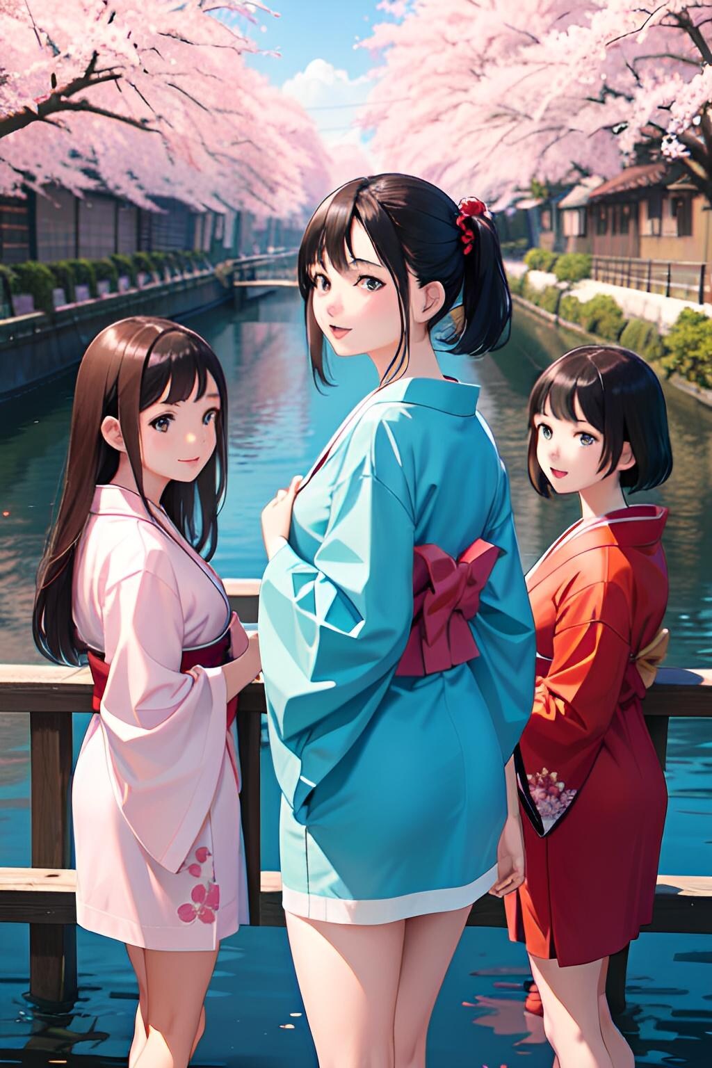 着物三つ子が目黒川でお花見