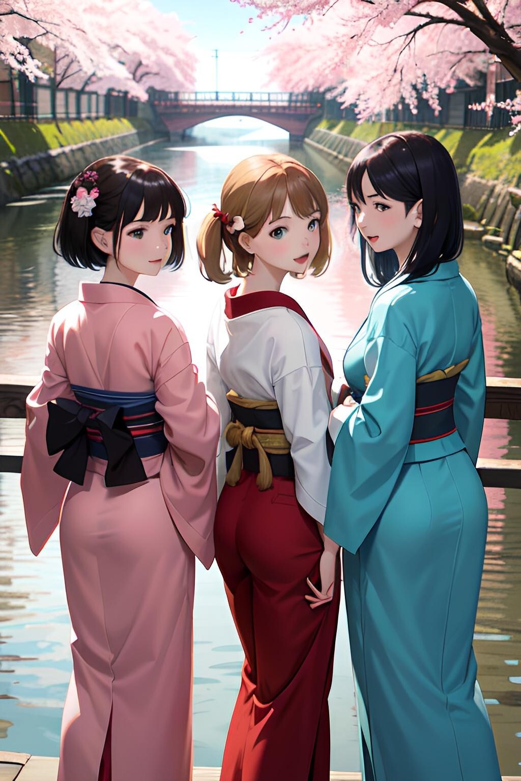 着物三つ子が目黒川でお花見