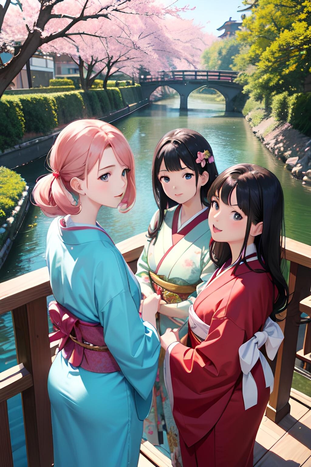 着物三つ子が目黒川でお花見