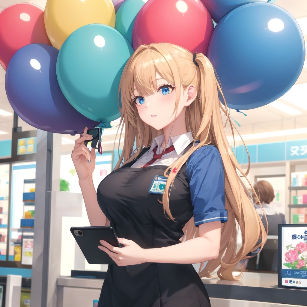 いっぱい色とりどりの風船を持つ携帯ショップの美女店員さん