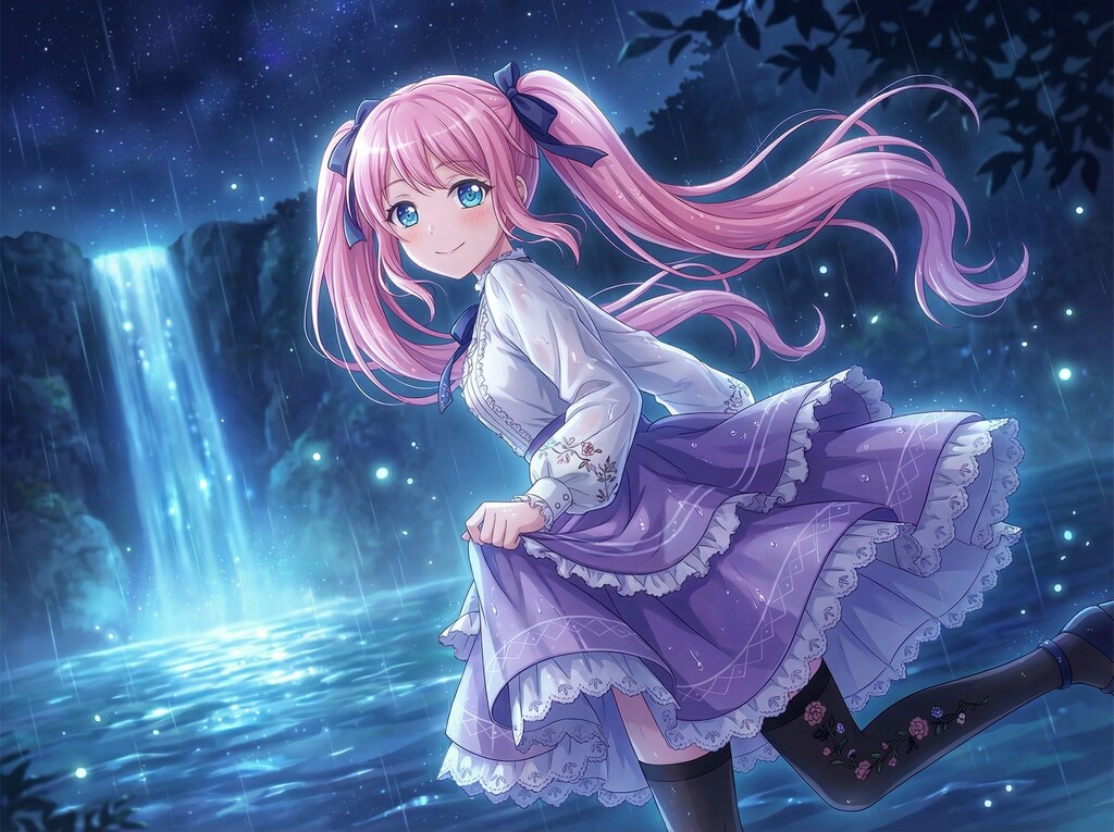 雨瀑に戯れる花