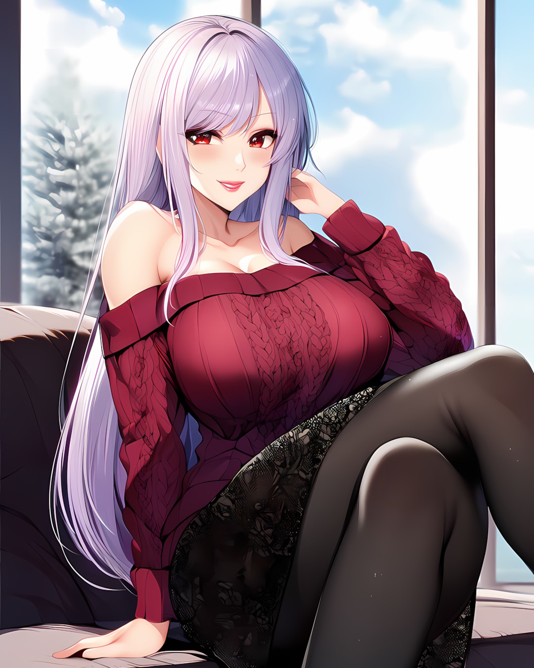 🌹ボルドーニットとレースの誘惑…午後の優雅なひととき☕️ | の人気AIイラスト・グラビア