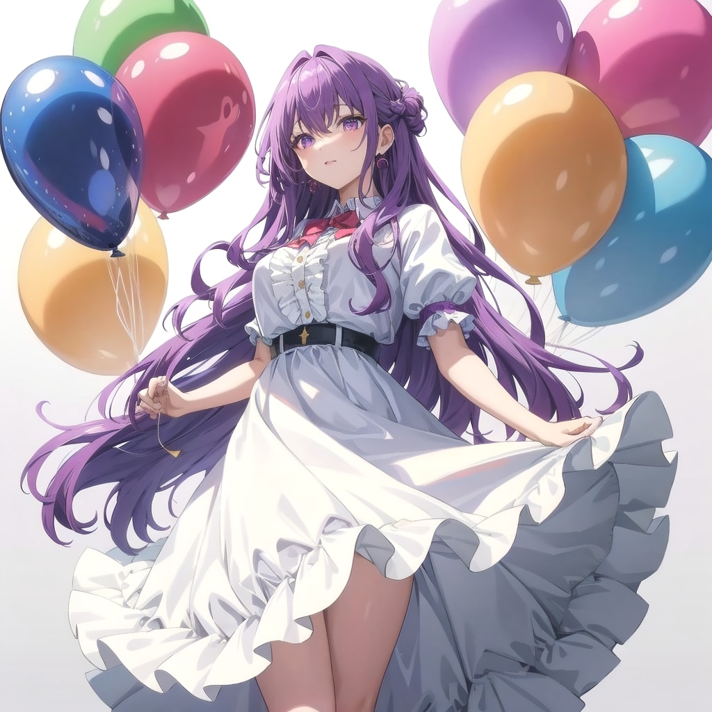 いっぱい色とりどりの風船を持つ紫髪ロングウェーブヘアの白いフリル付けたスカート着てる美女 | の人気AIイラスト・グラビア