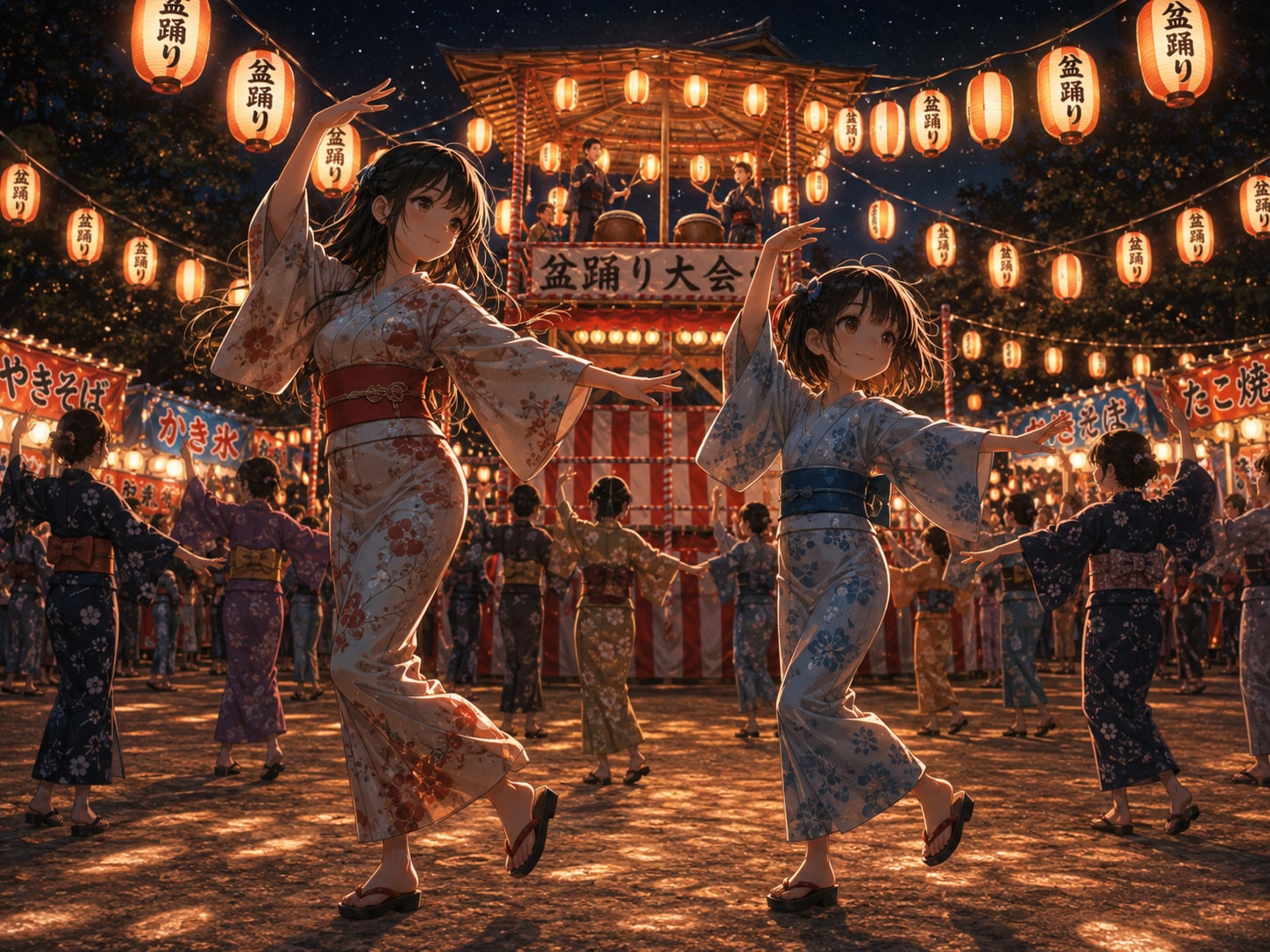 提灯の下で、姉妹盆踊り