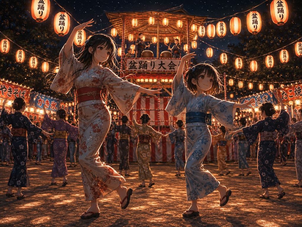 提灯の下で、姉妹盆踊り