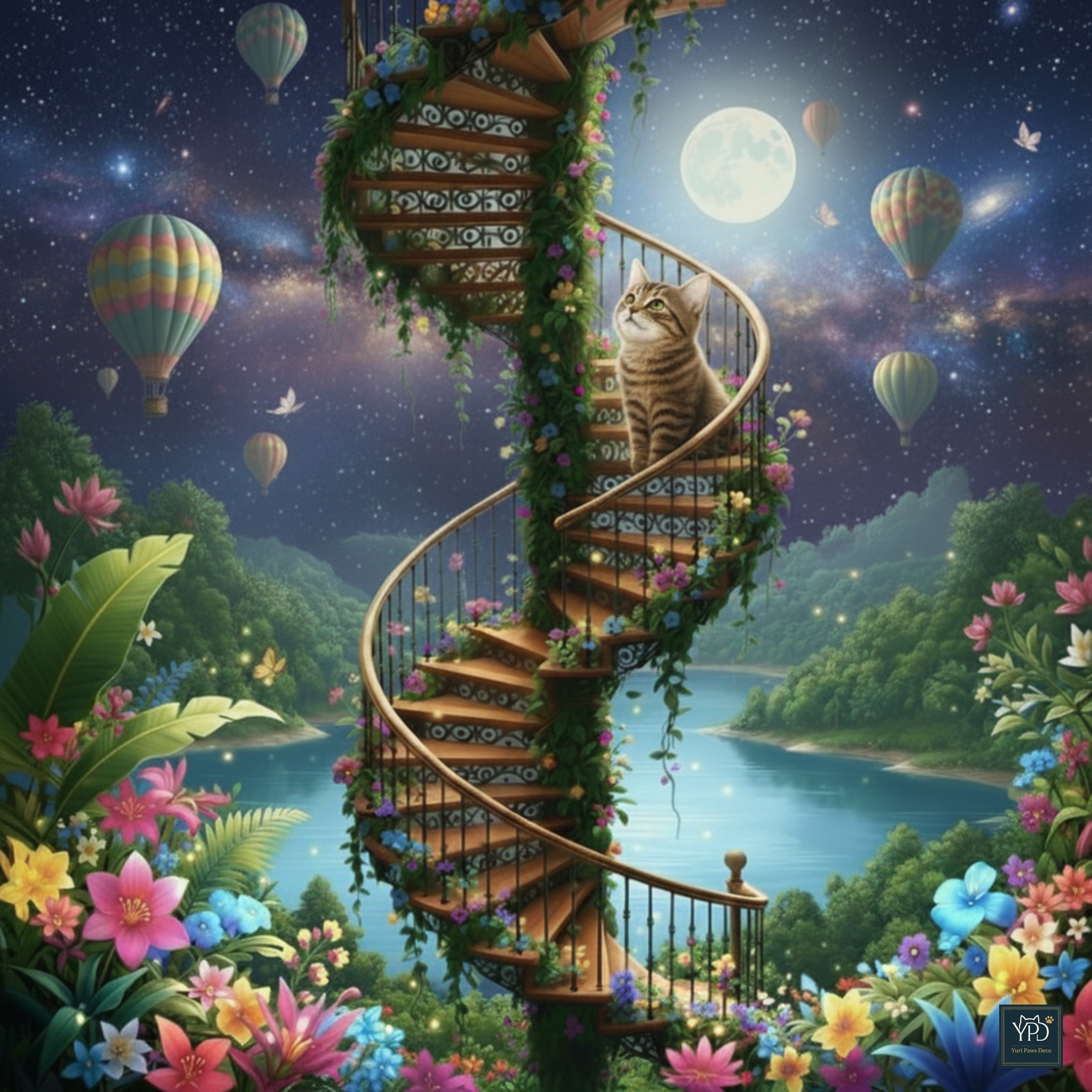 月夜の螺旋階段：空へと続く猫の散歩道 　Moonlit Spiral Staircase: A Cat's Path to the Sky | の人気AIイラスト・グラビア