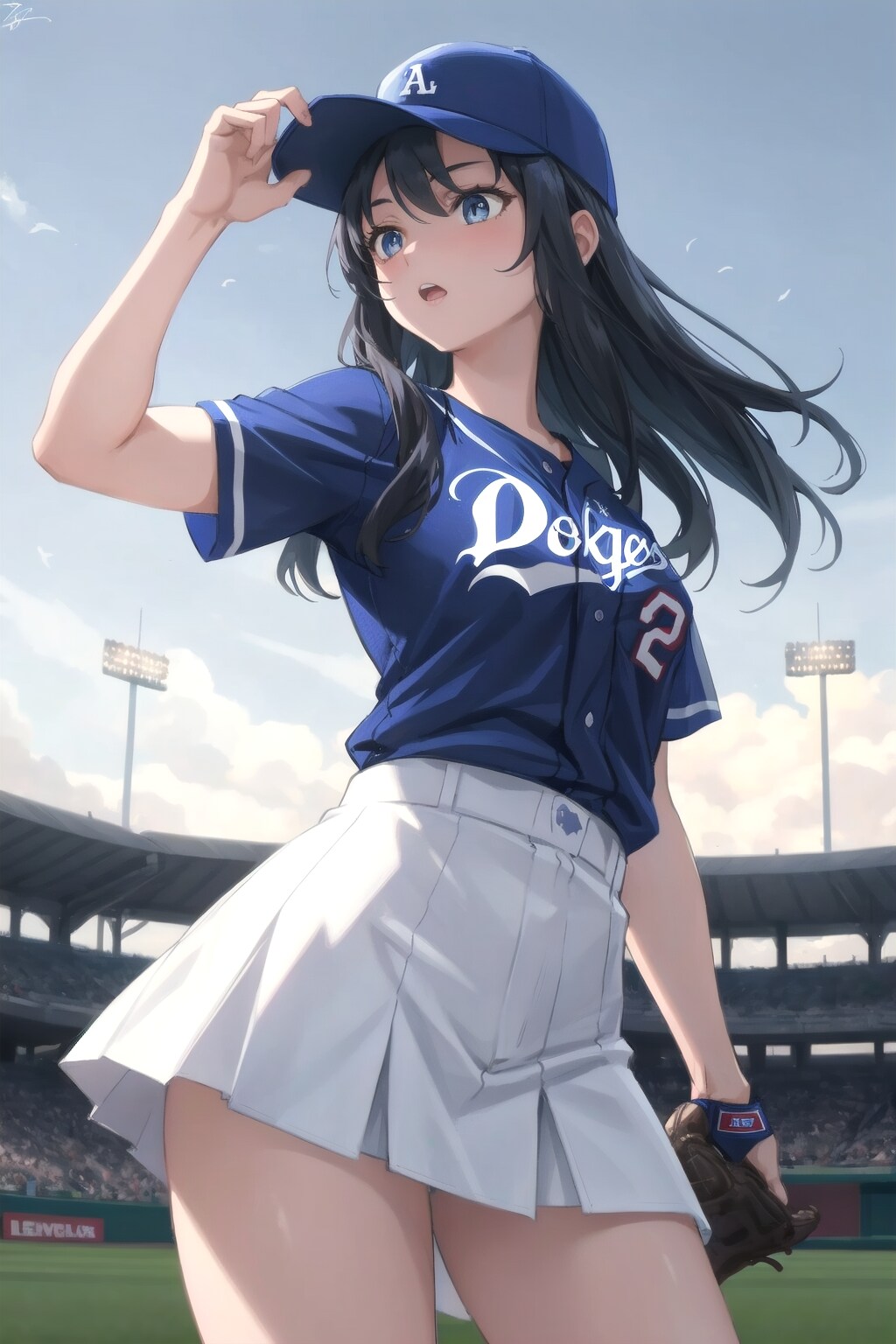 ドジャースユニフォームの黒髪少女