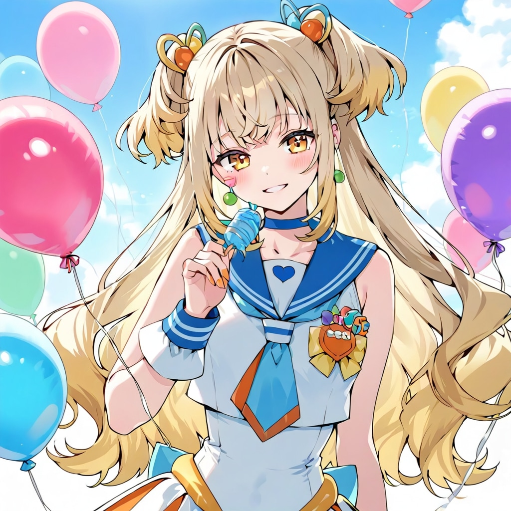 いっぱい色とりどりの風船を持つブロンドロングのセーラー服着た美少女
