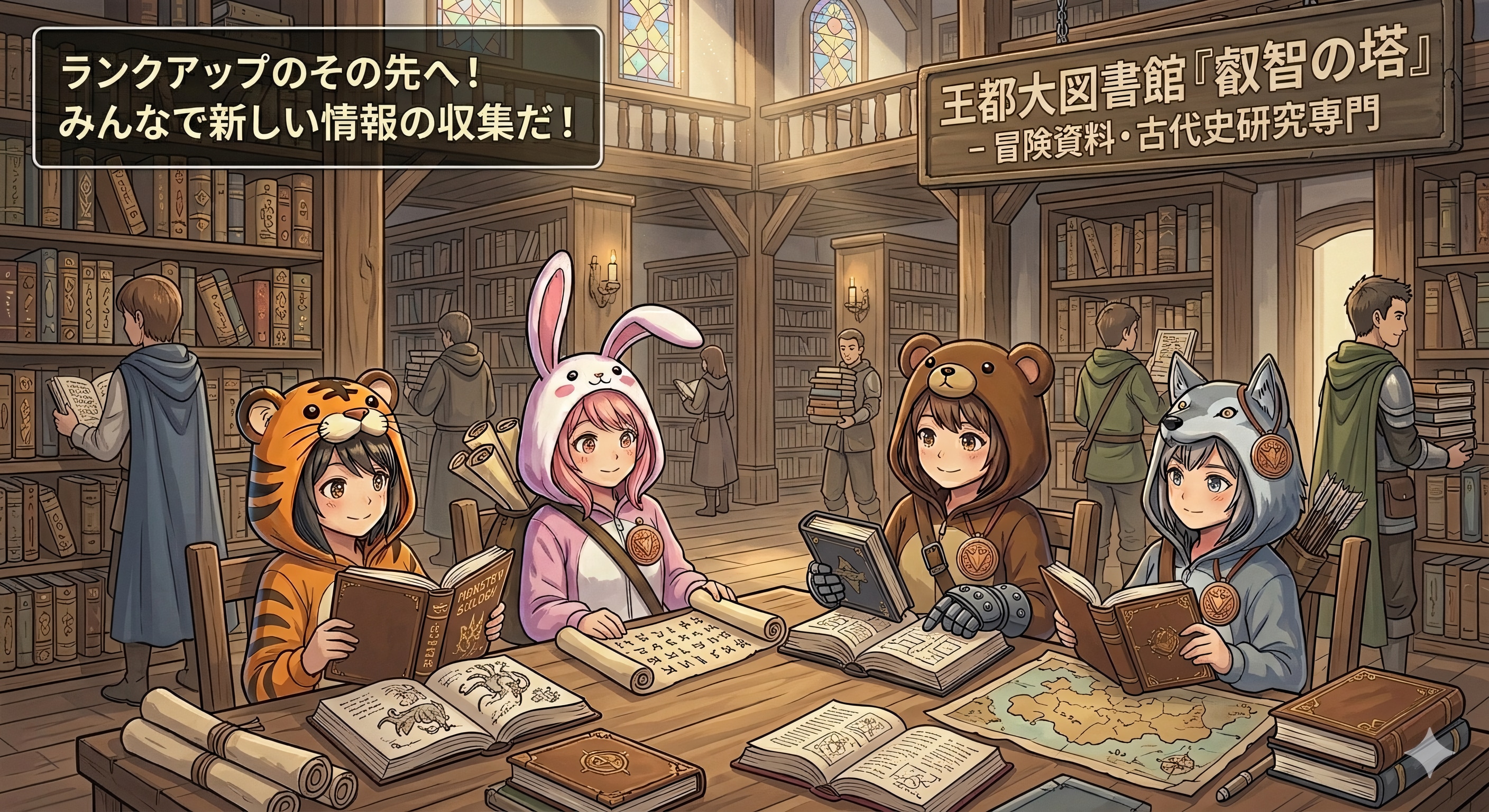 【All0424b2】中級者冒険者にランクアップしたので、街の大きな図書館で冒険に役立つ情報を収集した。（モデル: NanoBanana2） | の人気AIイラスト・グラビア