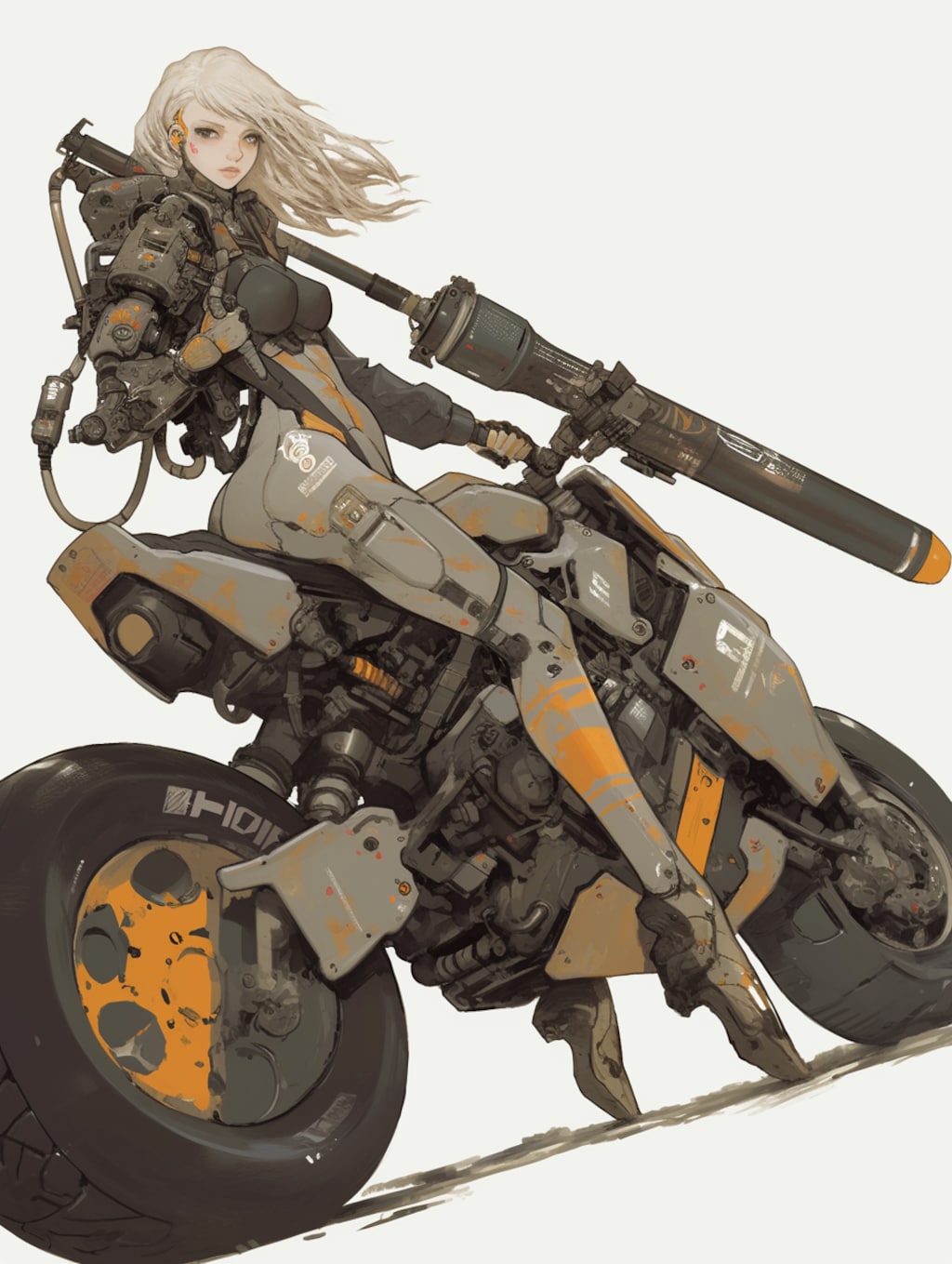 female combat android riding a motorcycle