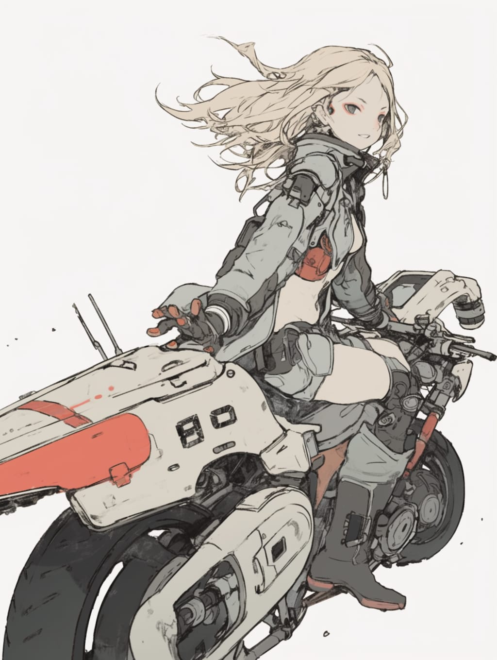 female combat android riding a motorcycle
