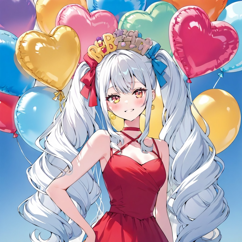 いっぱい色とりどりのハート風船を持つ白い髪ロングツインテールの赤いドレス着た美女