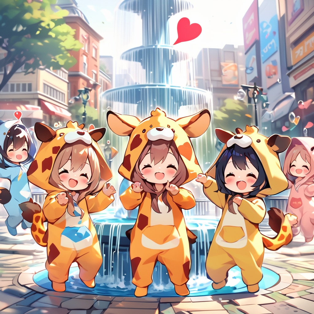 大きな噴水とキリン着ぐるみちび子ちゃん