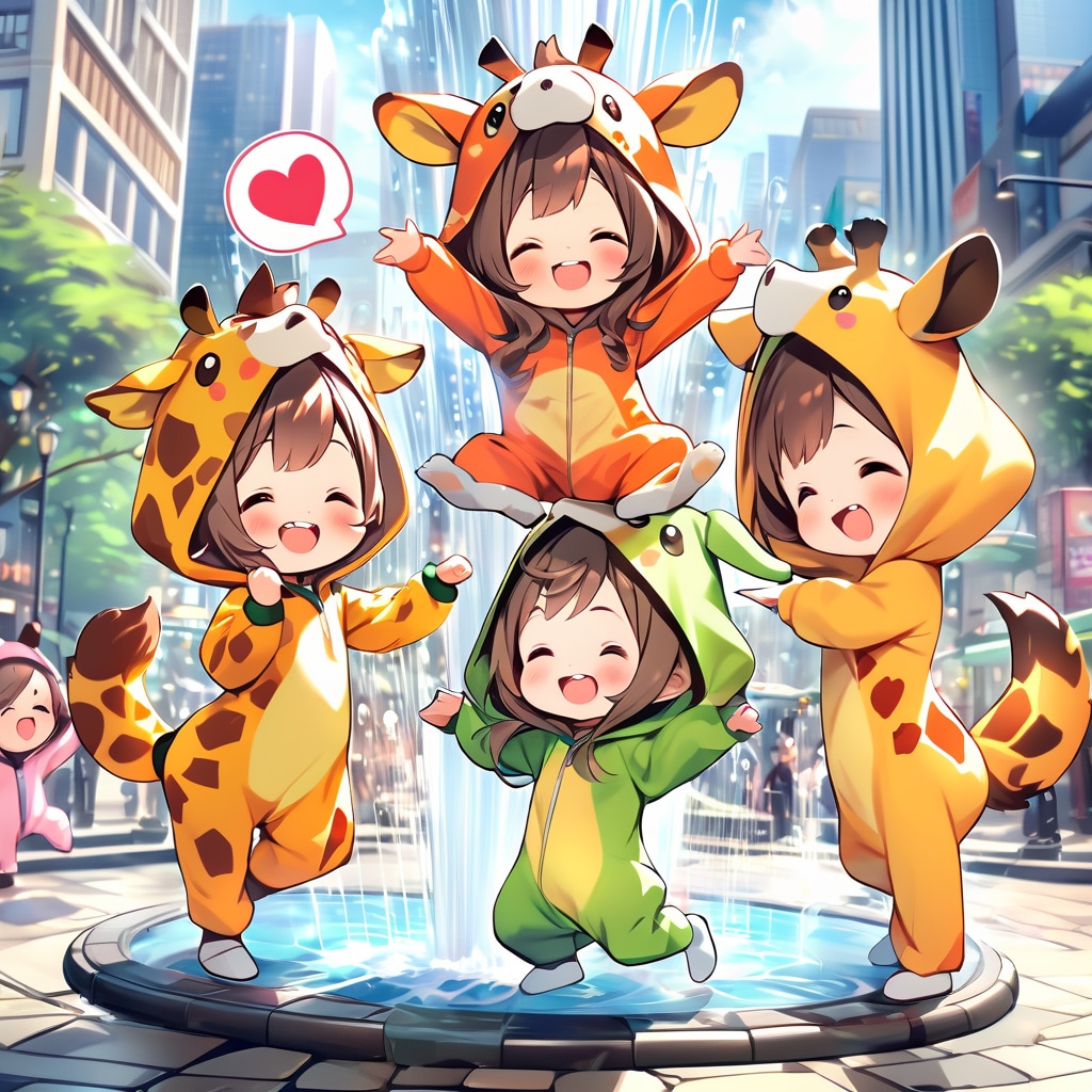 大きな噴水とキリン着ぐるみちび子ちゃん