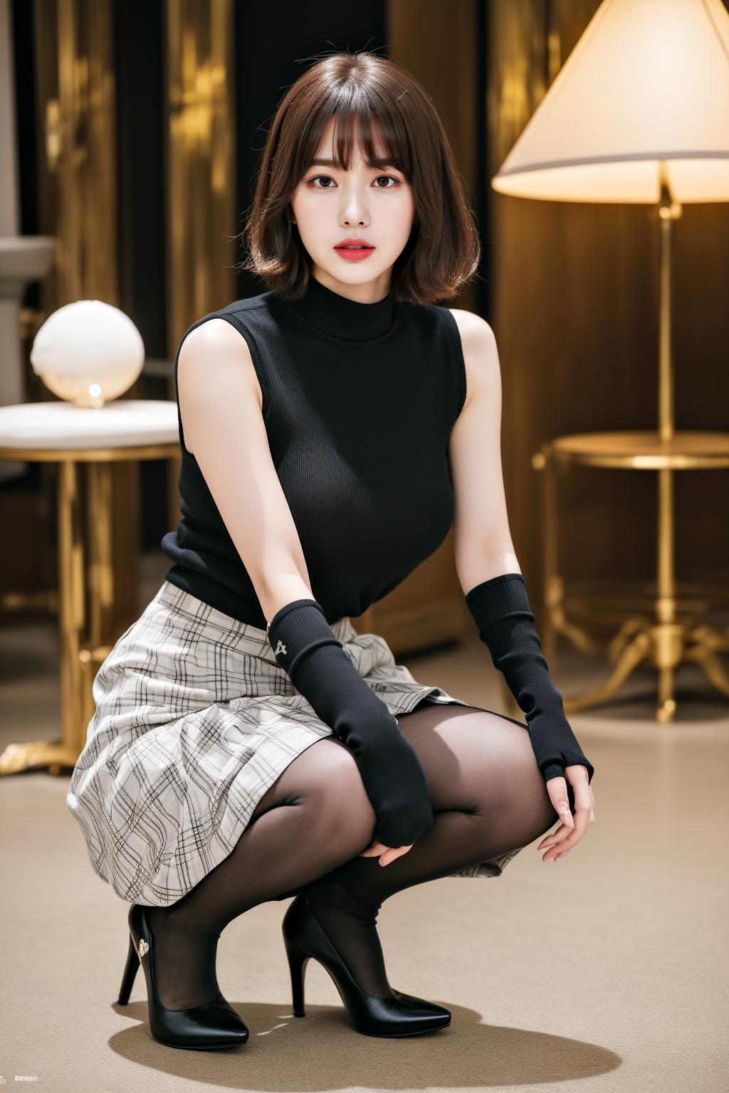 ボブカットの美人OLのしゃがみパンプス姿