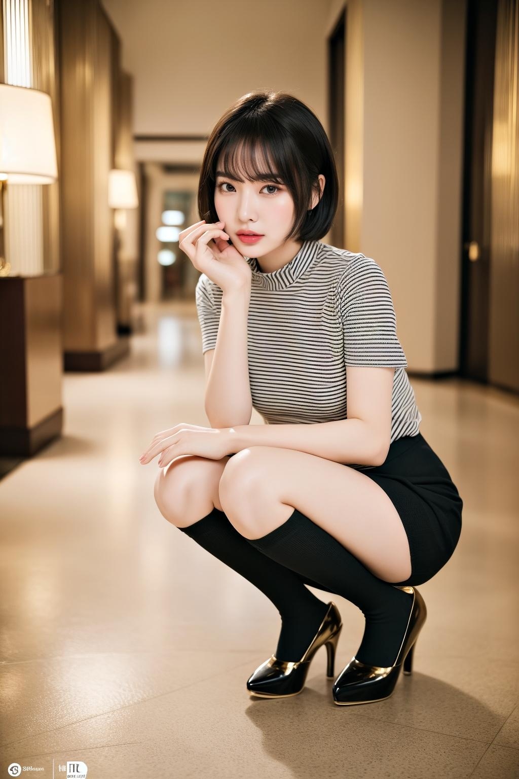 ボブカットの美人OLのしゃがみパンプス姿
