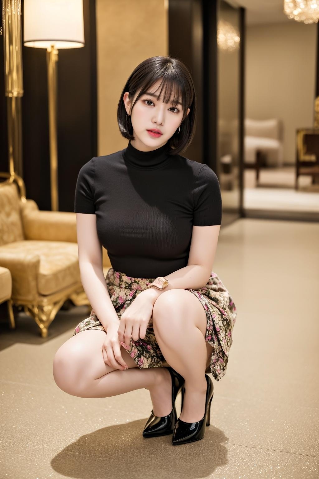 ボブカットの美人OLのしゃがみパンプス姿