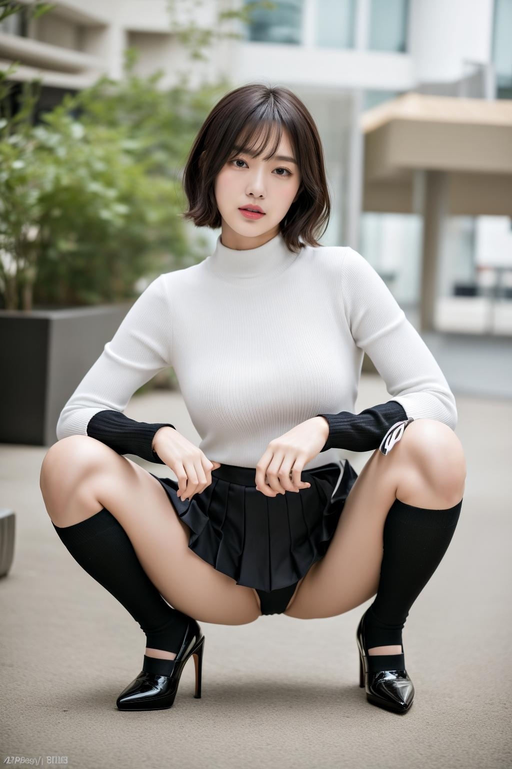 ボブカットの美人OLのしゃがみパンプス姿
