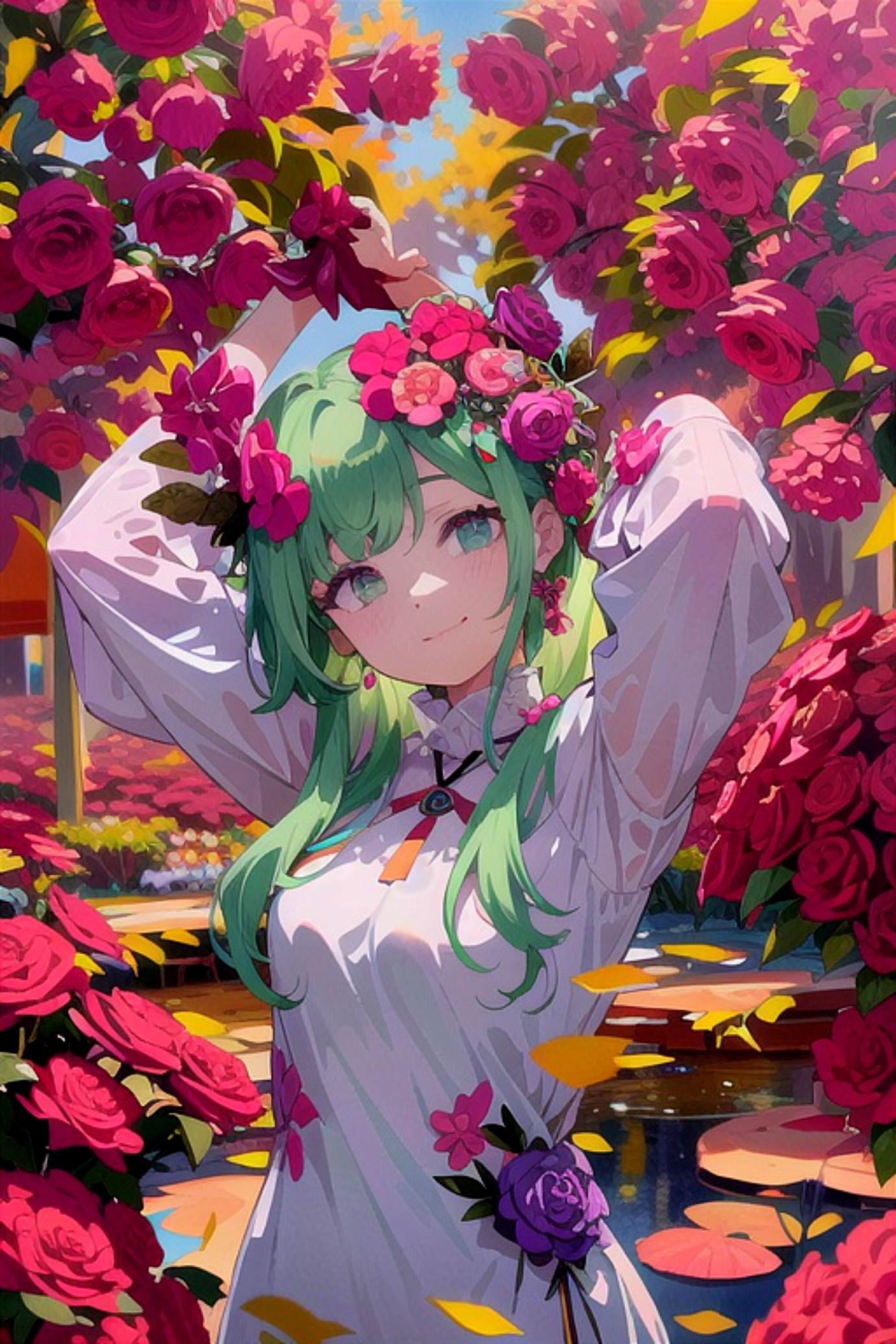 薔薇園と緑髪ちゃん