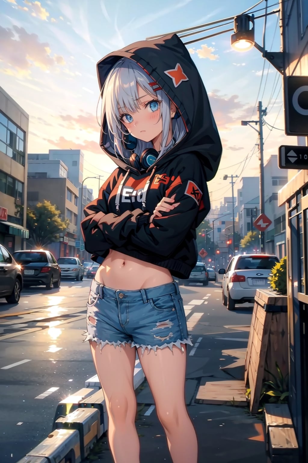 夕日とパーカー女子