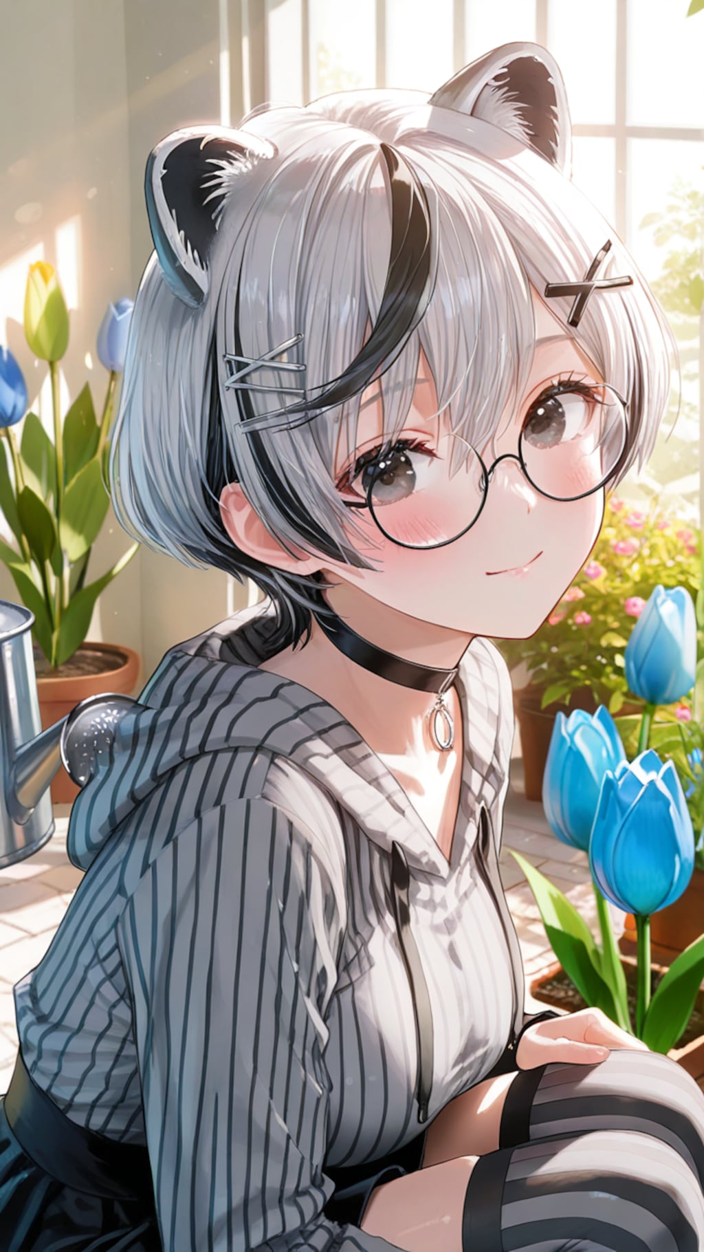 たぬきちゃんと青いチューリップ