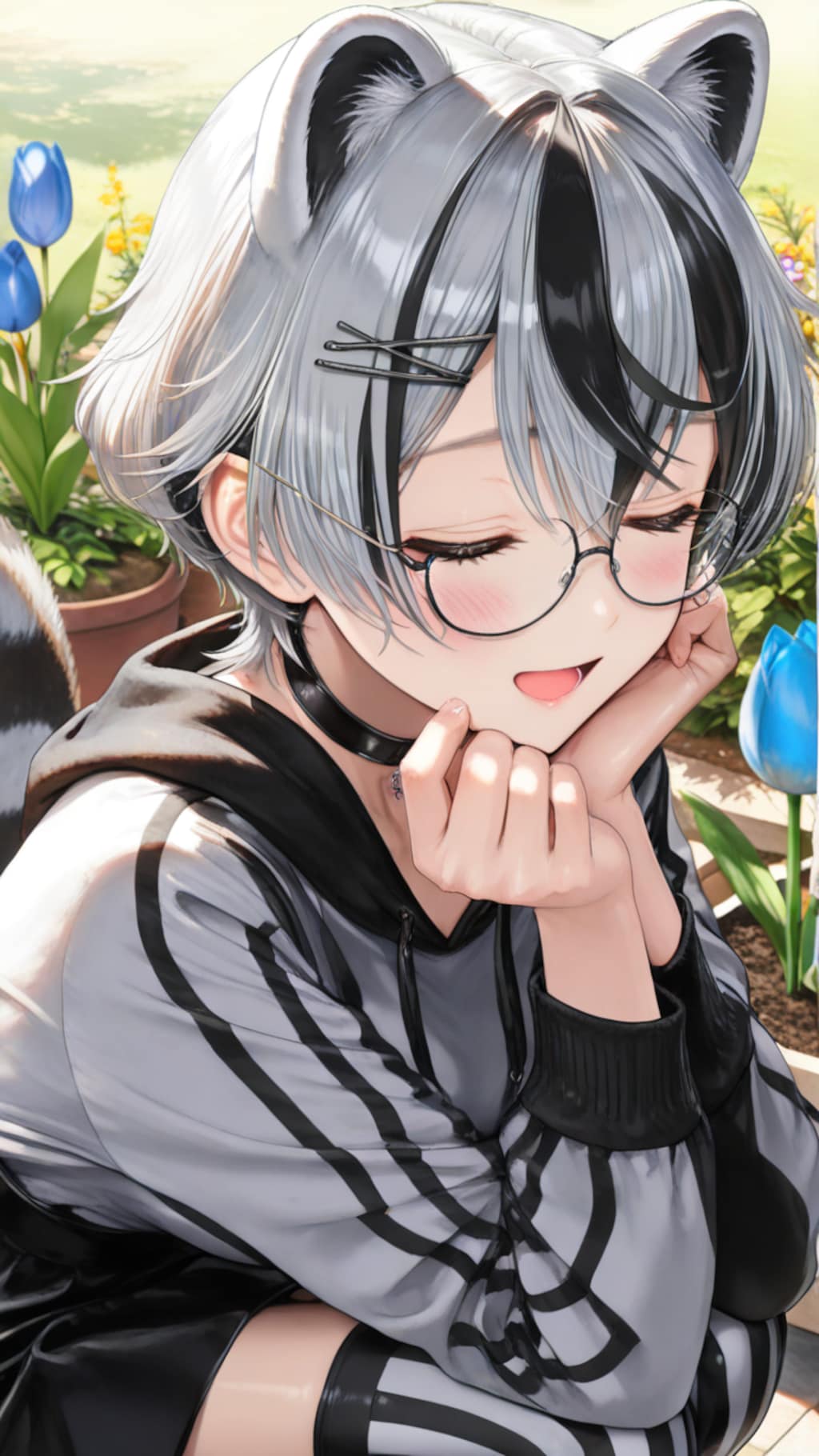 たぬきちゃんと青いチューリップ