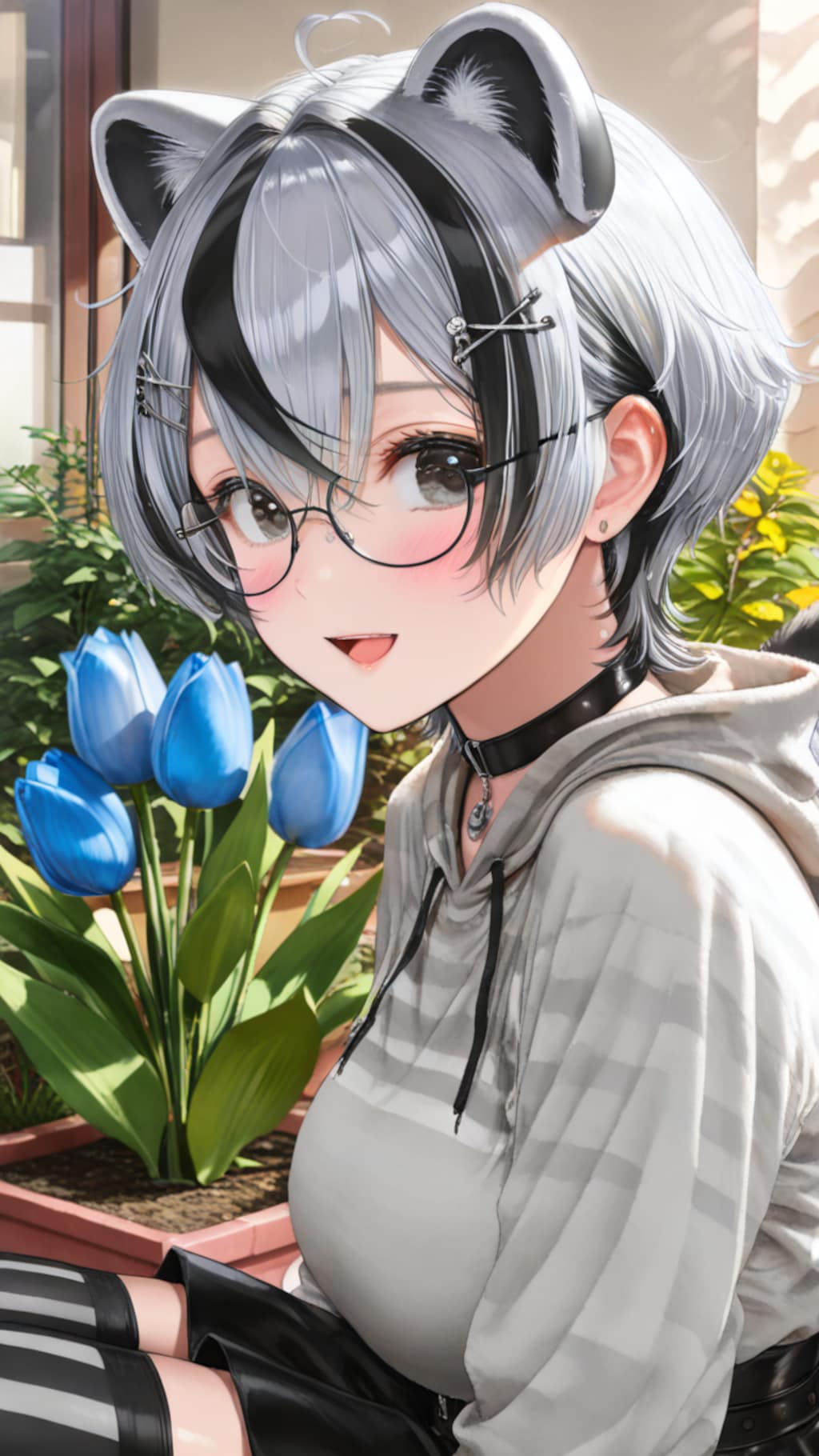 たぬきちゃんと青いチューリップ