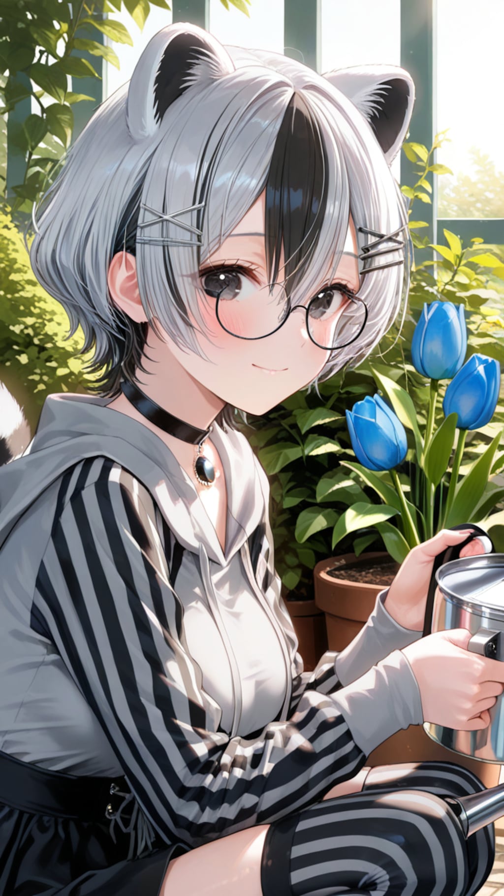 たぬきちゃんと青いチューリップ