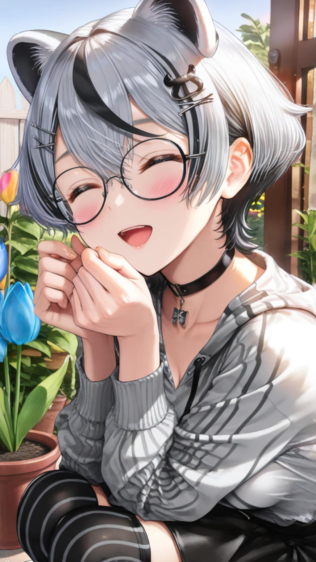 たぬきちゃんと青いチューリップ