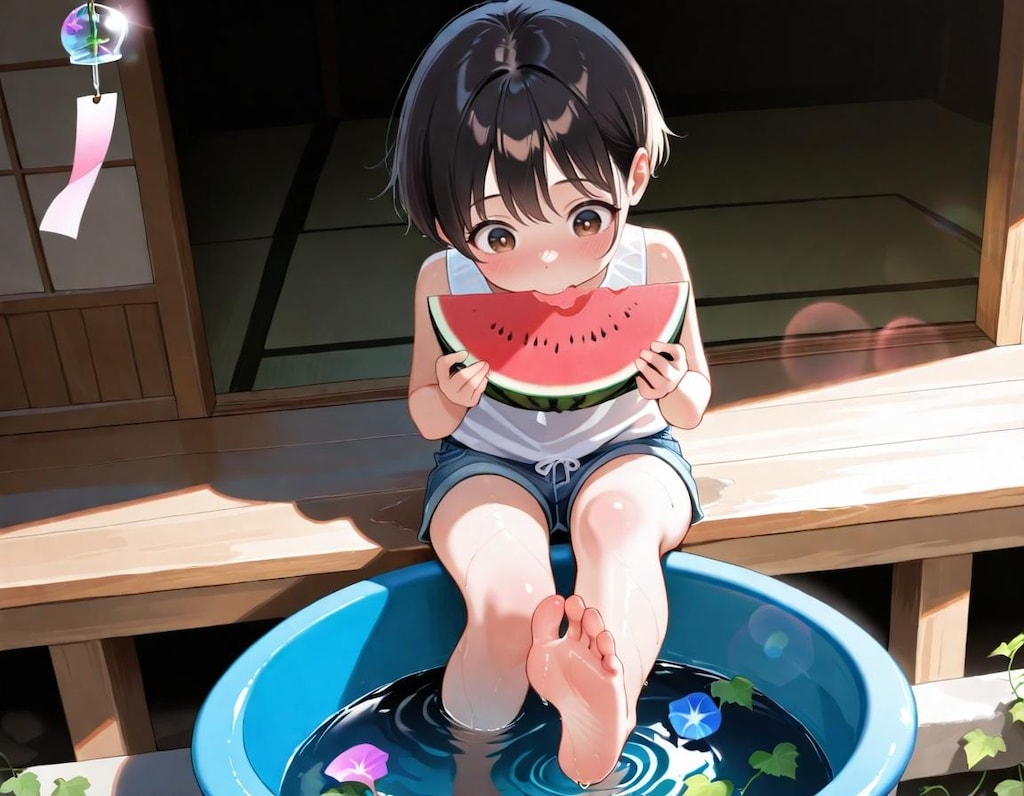 スイカとたらいと風鈴と
