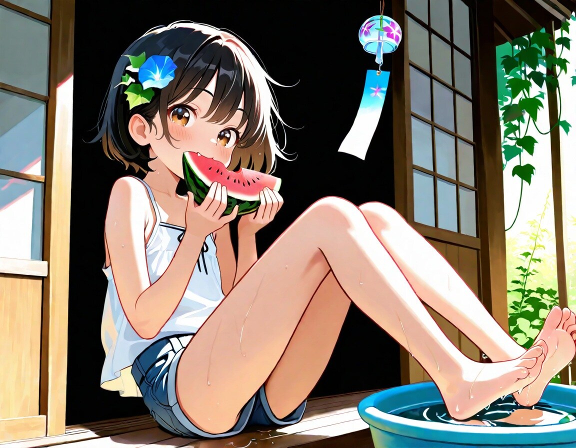 スイカとたらいと風鈴と