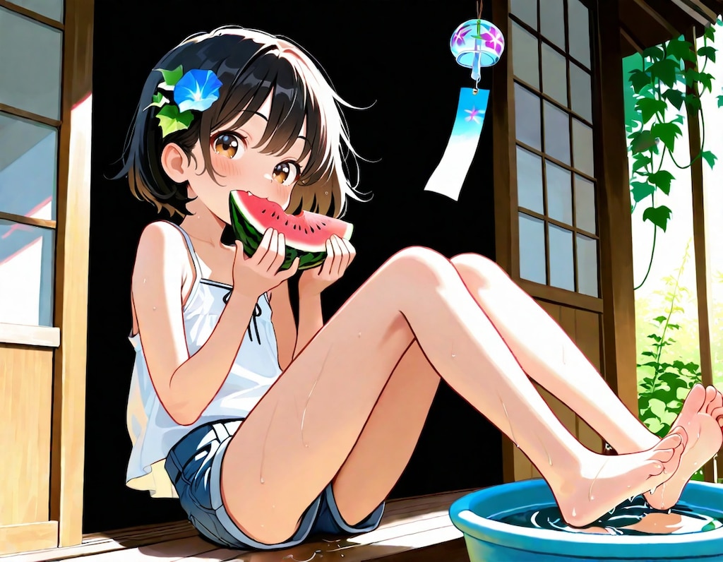 スイカとたらいと風鈴と