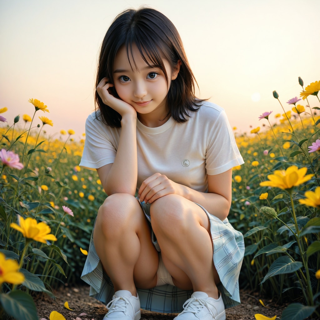 しゃがんでお花を観察