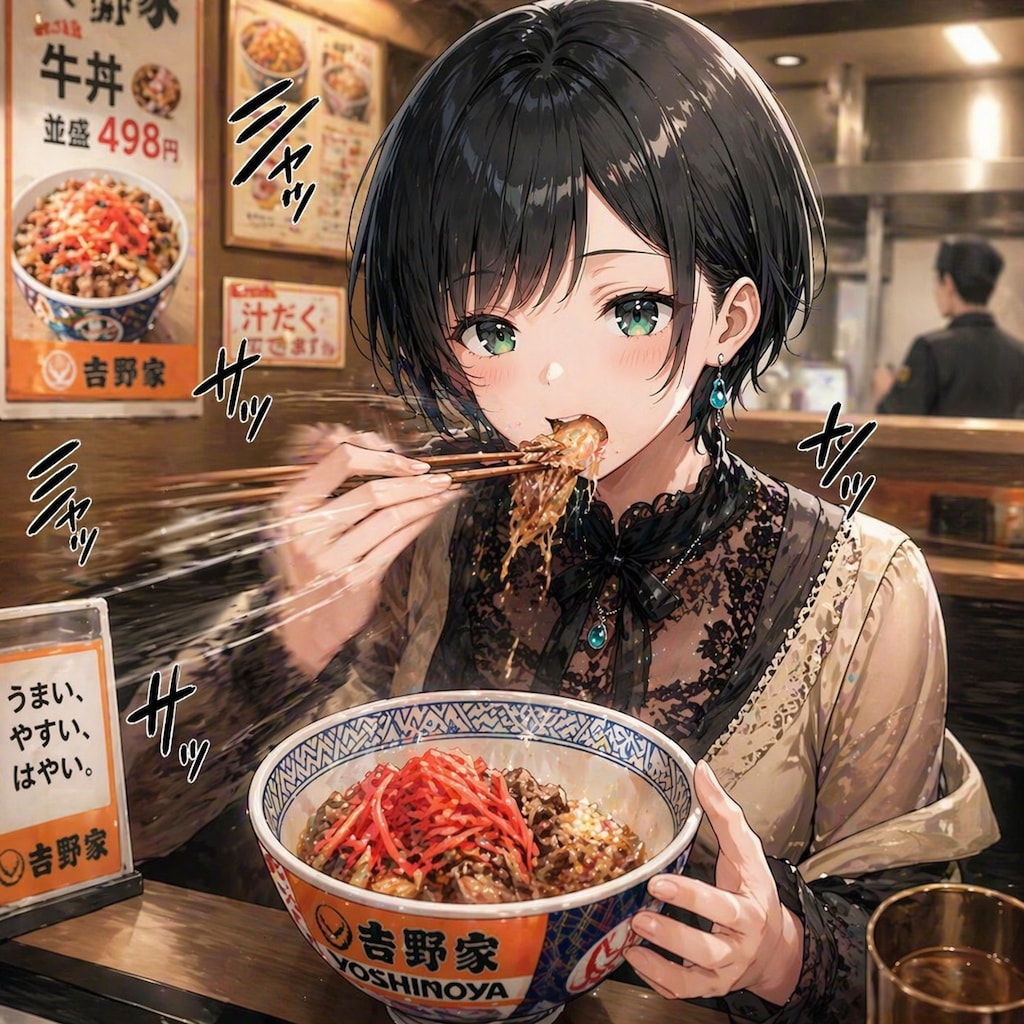 牛丼を食べる藍音ちゃん