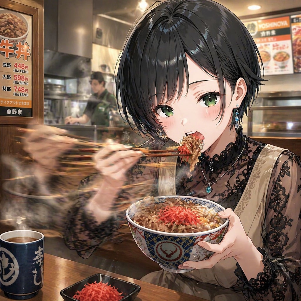 牛丼を食べる藍音ちゃん