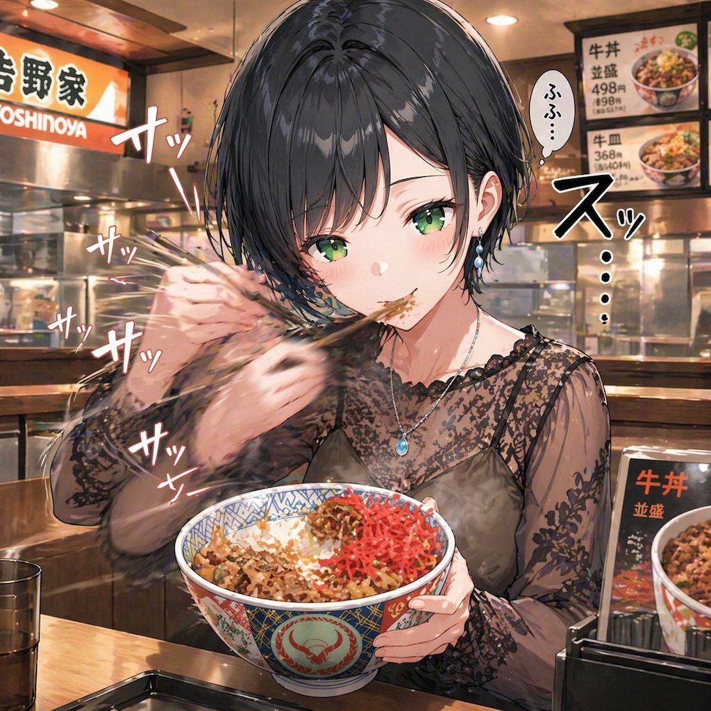 牛丼を食べる藍音ちゃん
