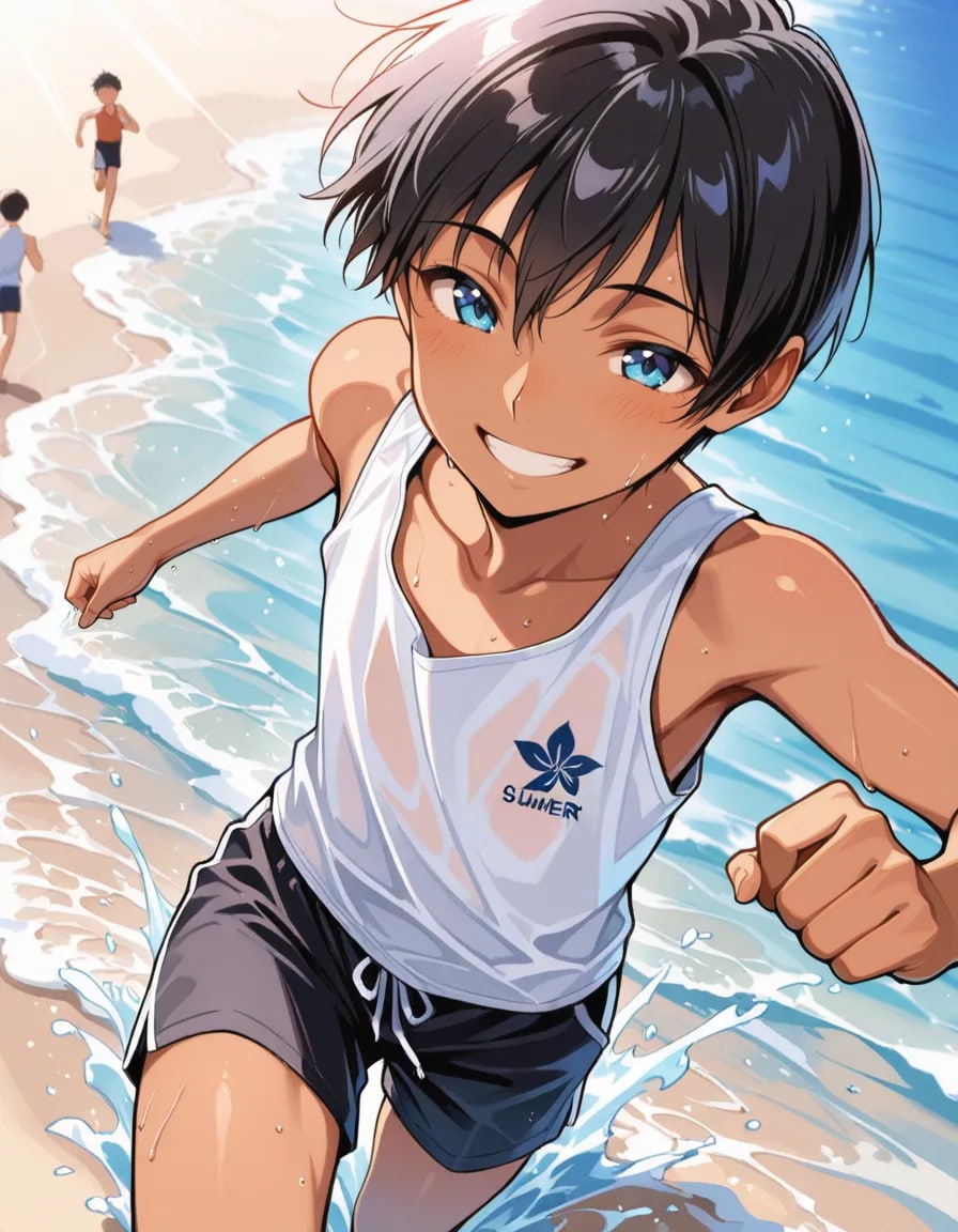 海ではしゃぐ褐色少年