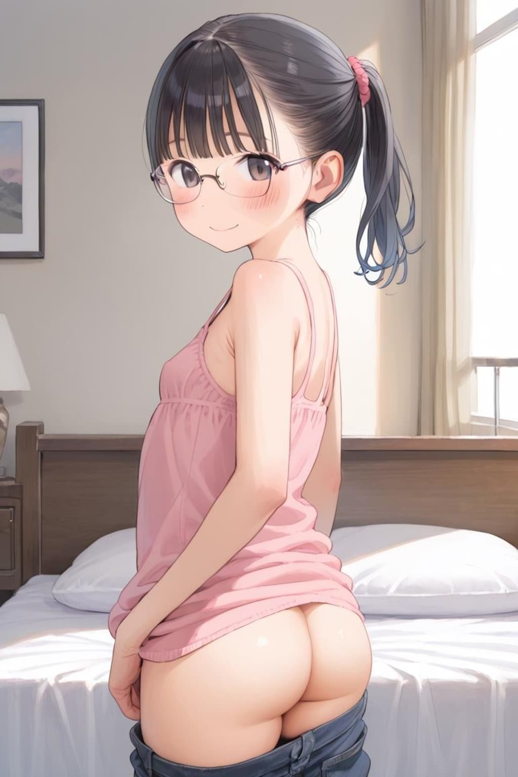 ポニテ眼鏡J〇ちゃんのキャミソール姿＆お尻見せ