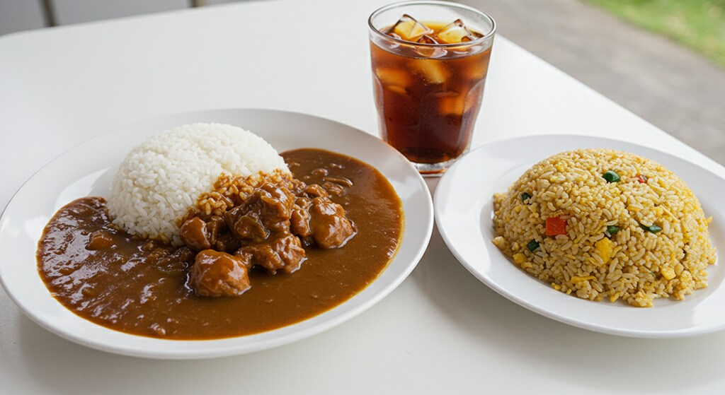 摩訶不思議食堂のハヤシライスと炒飯のセット