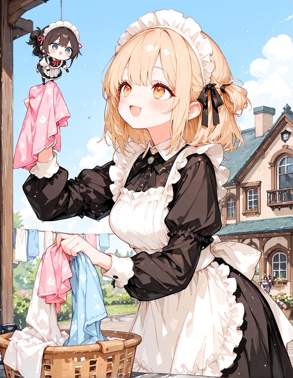 洗濯物とメイド少女