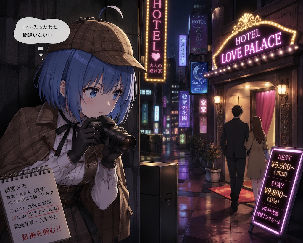 不倫の証拠をつかむためにホテル街で張る代理ちゃん