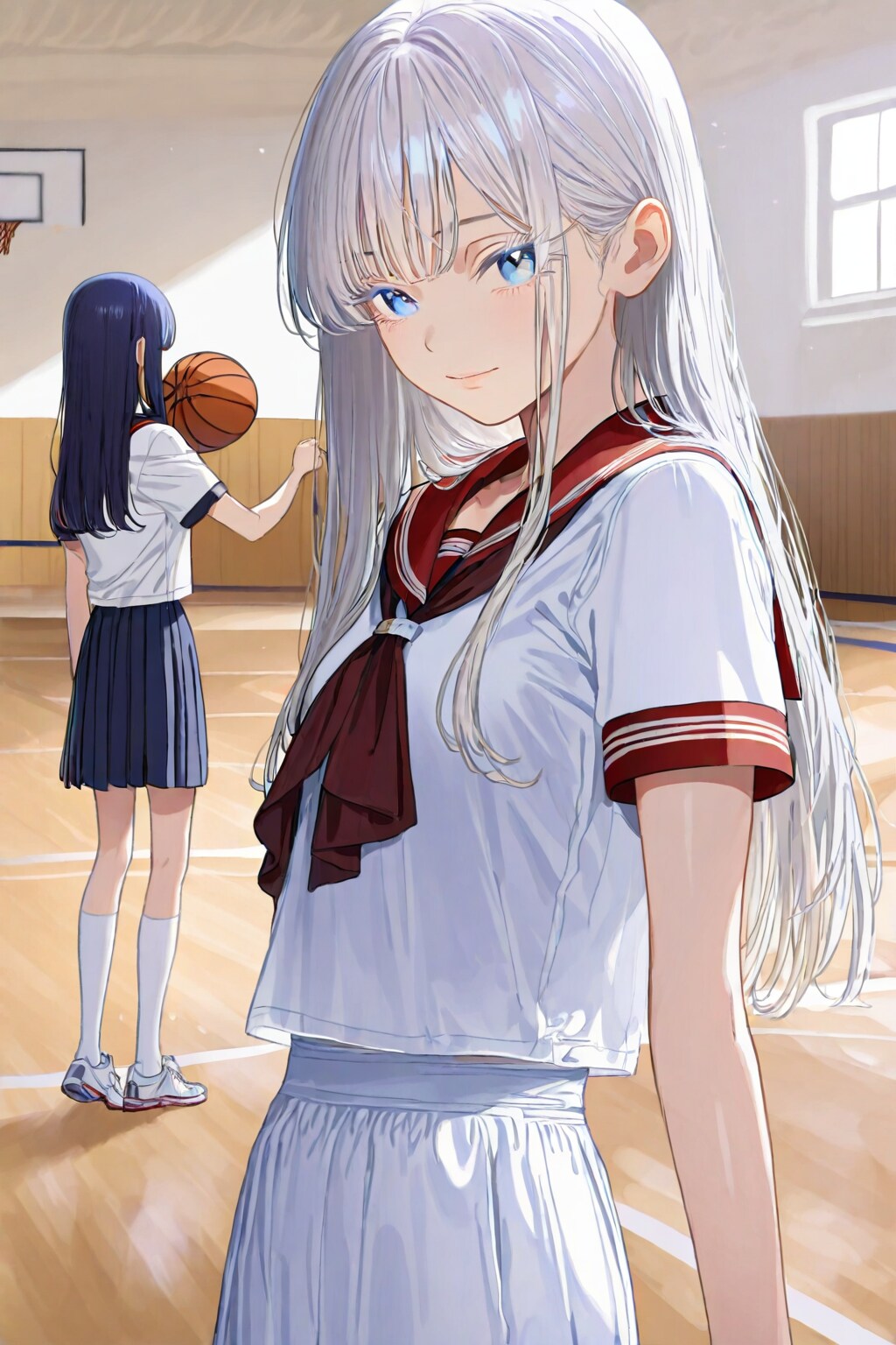 放課後に銀睫娘とバスケット(写真、前回は水彩)