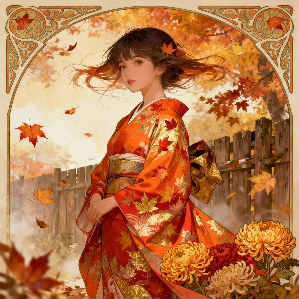 ミュシャ風『紅葉と着物』