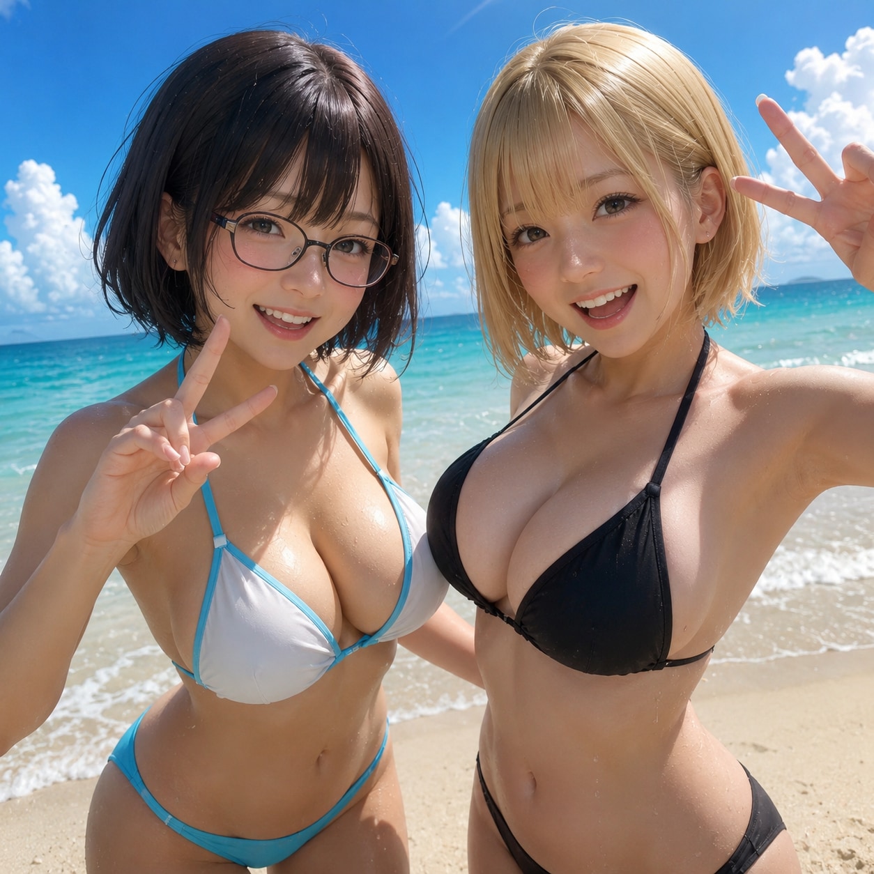 金髪ギャルと黒髪メガネ　海水浴編Ver.Photo