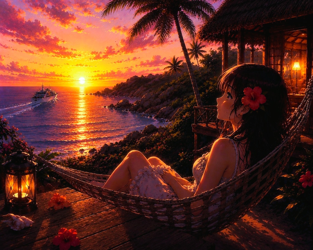 夕日の海辺の穏やかなひととき